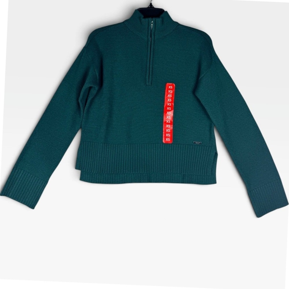 DKNY Quarter Zip Pullover Sweater Womens XS Green Mock Neck DJ5RQ975 NEW